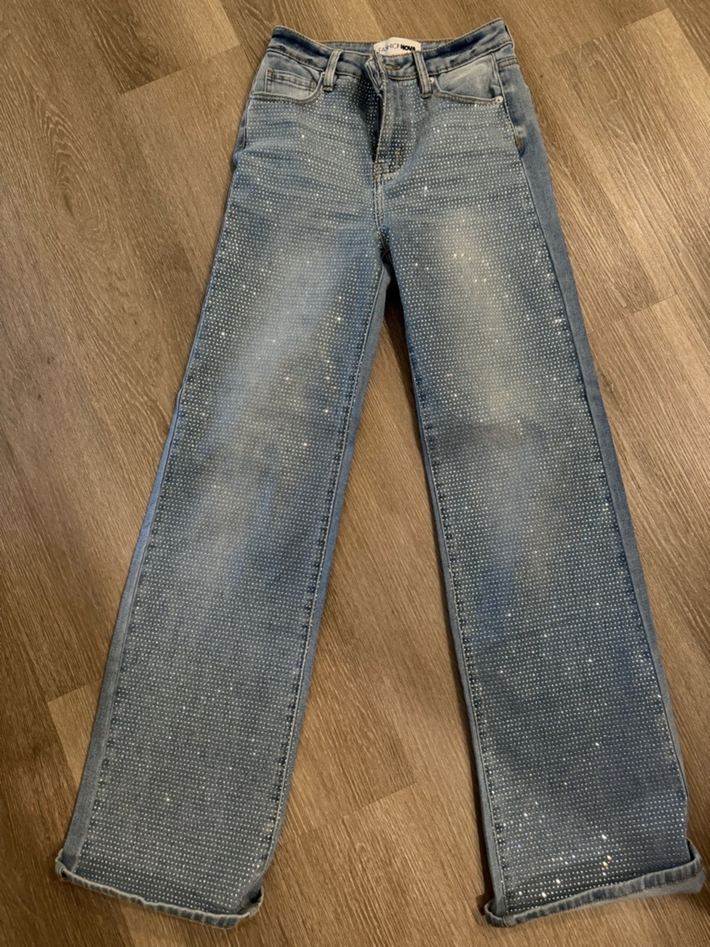 Fashion Nova Light Blue Rhinestone Straight Jeans